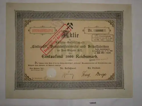 1000 RM Aktie "Eintracht" Braunkohlenwerke & Briketfabriken 27.Feb.1920 (128640)
