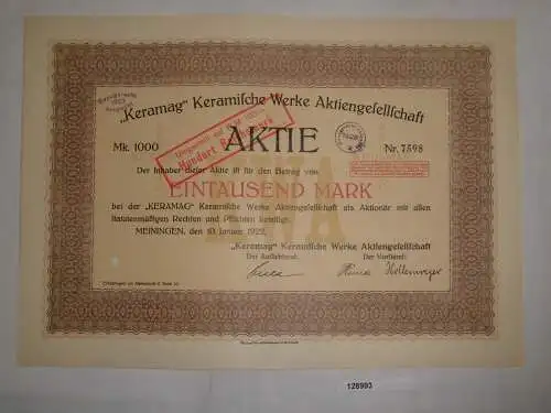 1000 Mark Aktie "Keramag" Keramische Werke AG Meiningen 10.Januar 1922 (128993)
