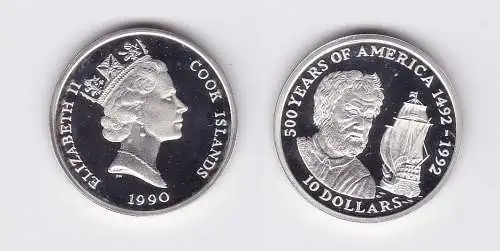 10 Dollar Silbermünze Cook Inseln 1990 500 Jahre Amerika Schiff Kolumbus(124384)