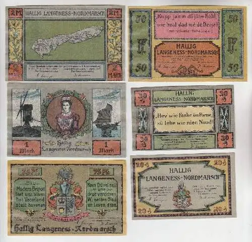 6 Banknoten Notgeld Hallig Langeness-Nordmarsch 1921 (113481)