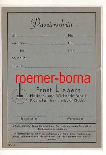 64209 Passierschein Ernst Liebers Platinenfabrik Kändler bei Limbach um 1950