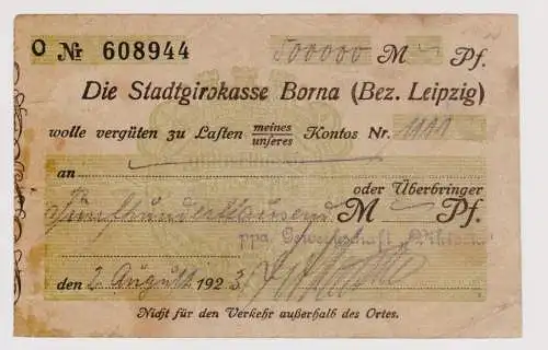 Firmenscheck 500000 Mark Banknote Stadtgirokasse Borna 2.8.1923 (120884)