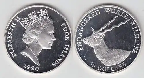 50 Dollar Silbermünze Cook Inseln 1990 bed.Tierwelt Hirschziegenantilope(116450)