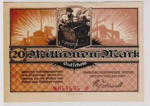 20 Millionen Mark Banknote Braunkohlenwerke Borna um 1923 (120378)