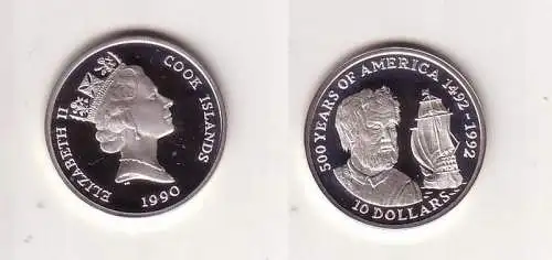 10 Dollar Silbermünze Cook Inseln 1990 500 Jahre Amerika Schiff Kolumbus(107911)
