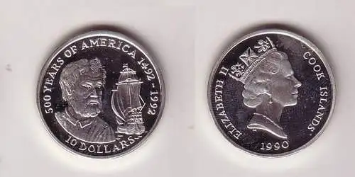 10 Dollar Silbermünze Cook Inseln 1990 500 Jahre Amerika Schiff Kolumbus(116386)