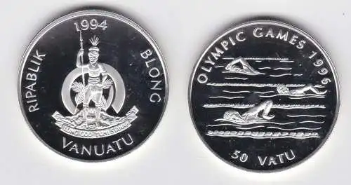 50 Vatu Silber Münze Vanuatu Olympiade 1996 Atlanta Schwimmer 1994 (141287)
