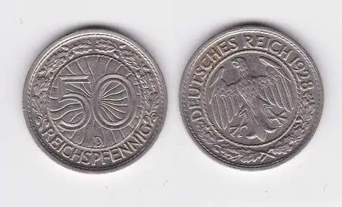 50 Pfennig Nickel Münze Weimarer Republik 1928 D (116588)