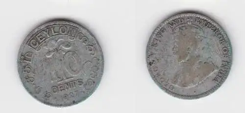 10 Cents Münze Silber Ceylon 1927 Georg V. f.ss (153718)