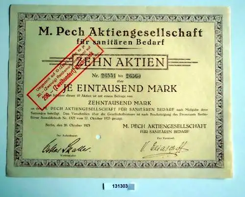 1000 Mark Zehn Aktien M.Pech AG für sanitären Bedarf Berlin 20.10.1923 (131303)