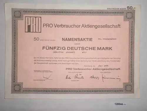 50 Deutsche Mark Aktie Pro Verbraucher AG Hamburg Juli 1975 (128544)