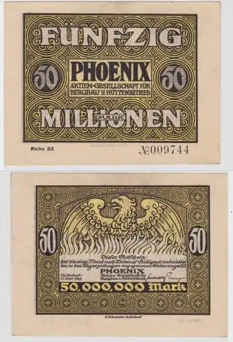 Banknote 50 Millionen Mark Düsseldorf Bergbau Hüttenbetrieb Phönix 1923 (136094)