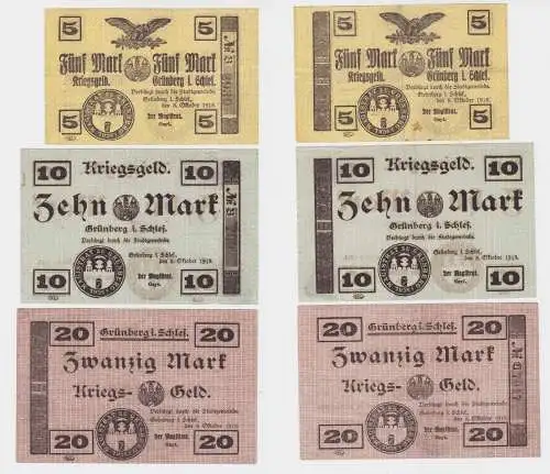 5,10 & 20 Mark Banknoten Notgeld Stadt Grünberg in Schlesien 8.10.1918 (131583)