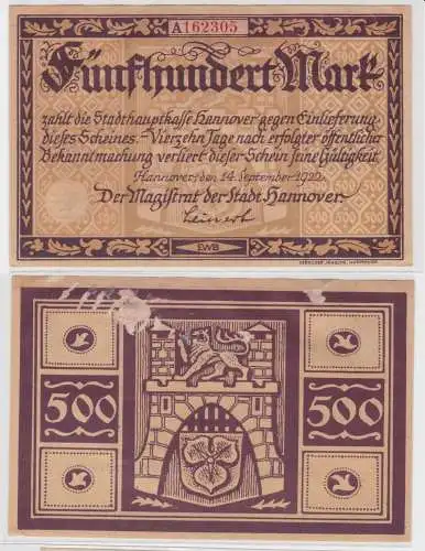 500 Mark Banknote Inflation Stadt Hannover 14.9.1922 (136242)