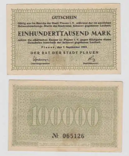 100000 Mark Banknote Stadt Plauen 7.9.1923 (137727)