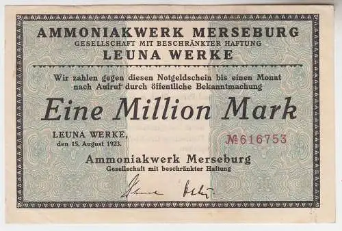 1 Million Mark 15.08.1923 Banknote Ammoniakwerk Merseburg Leuna Werke (101288)