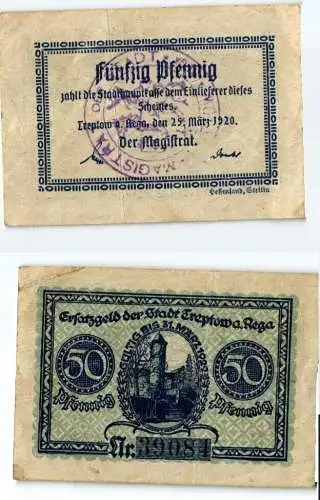 50 Pfennig Banknote Notgeld Stadt Treptow an der Rega 25.3.1920 (123942)