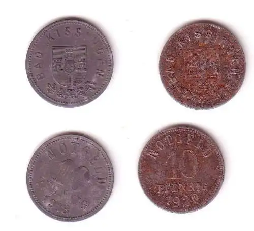 2 x 10 Pfennig Notgeld Eisen & Zink Münzen Stadt Bad Kissingen 1918/19 (112515)