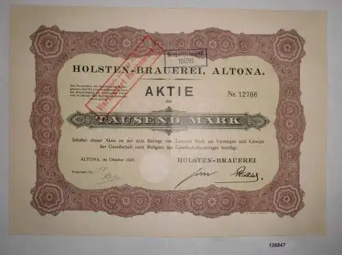 1000 Mark Aktie Holsten-Brauerei Altona Oktober 1922 (126847)
