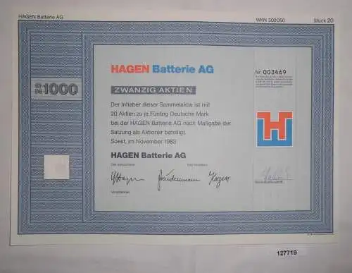50 Mark zwanzig Aktien Hagen Batterie AG Soest November 1983 (127719)