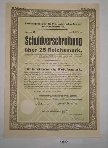 25 RM Schuldverschr. Provinzialverband Provinz Westfalen Münster 1927 (128204)