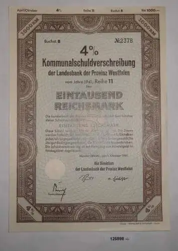 1000 RM Schuldverschr. Landesbank Provinz Westfalen Münster 1.Okt. 1941 (126898)