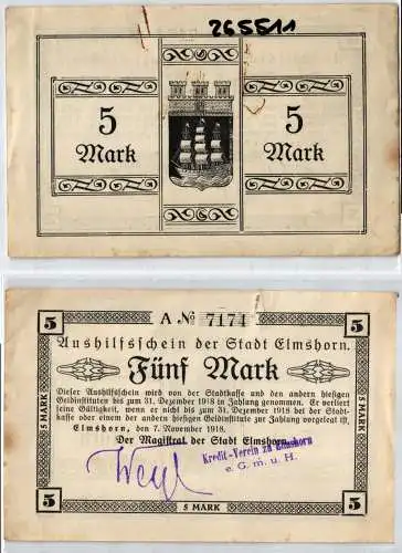5 Mark Banknote Aushilfsschein der Stadt Elmshorn 7.11.1918 (124040)