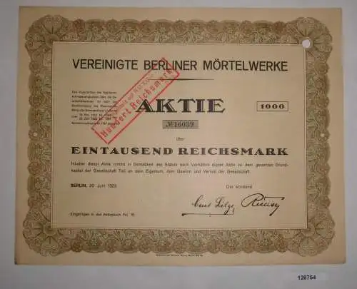 1000 RM Aktie Vereinigte Berliner Mörtelwerke Berlin 20. Juni 1923 (126754)