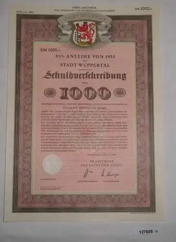 1000 Mark Schuldverschreibung Stadt Wuppertal Juni 1954 (127605)
