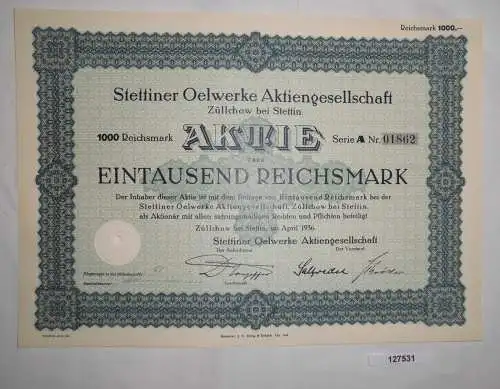 1000 RM Aktie Stettiner Oelwerke AG Züllchow bei Stettin April 1936 (127531)