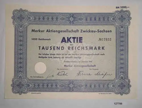 1000 RM Aktie Merkur AG Zwickau-Sachsen Oktober 1941 (127799)