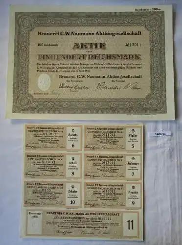 100 Reichsmark Aktie Brauerei C.W. Naumann AG Leipzig 6.Juni 1941 (140694)