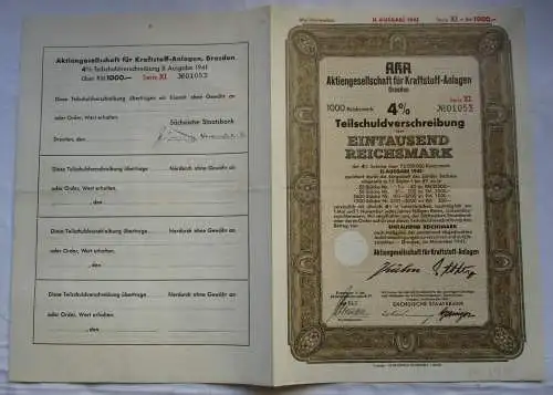 1000 Mark Aktie AKA AG für Kraftstoff-Anlagen Dresden November 1941 (124609)