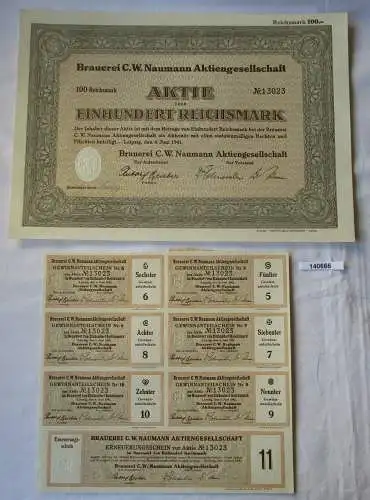 100 Reichsmark Aktie Brauerei C.W. Naumann AG Leipzig 6.Juni 1941 (140666)