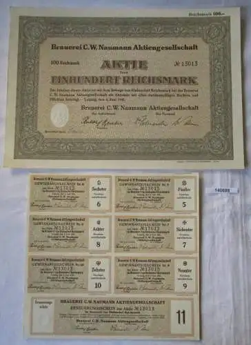 100 Reichsmark Aktie Brauerei C.W. Naumann AG Leipzig 6.Juni 1941 (140698)