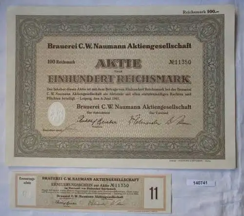 100 Reichsmark Aktie Brauerei C.W. Naumann AG Leipzig 6.Juni 1941 (140741)