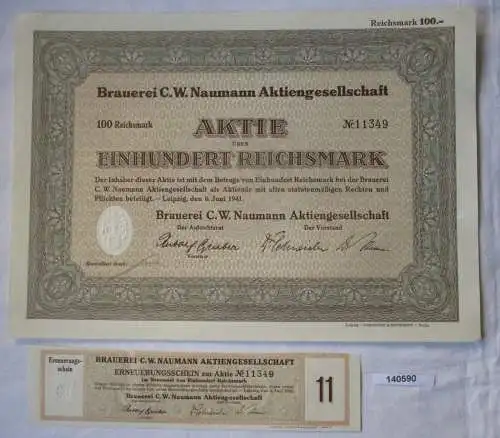 100 Reichsmark Aktie Brauerei C.W. Naumann AG Leipzig 6.Juni 1941 (140590)