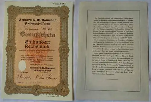 100 RM Genußschein Brauerei C.W. Naumann AG Leipzig-Plagwitz 18.10.1933 (140672)