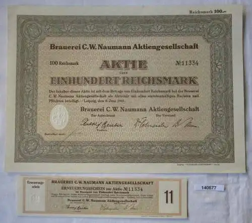 100 Reichsmark Aktie Brauerei C.W. Naumann AG Leipzig 6.Juni 1941 (140677)