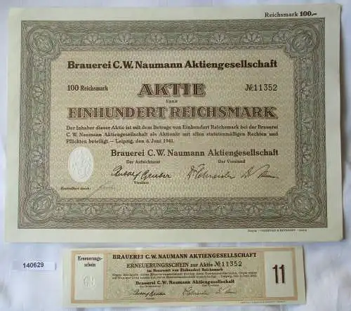 100 Reichsmark Aktie Brauerei C.W. Naumann AG Leipzig 6.Juni 1941 (140629)