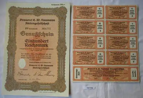 100 RM Genußschein Brauerei C.W. Naumann AG Leipzig-Plagwitz 18.10.1933 (141114)