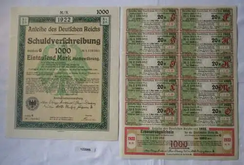 1000 Mark Aktie Schuldenverschreibung deutsches Reich Berlin 01.08.1922 (122086)