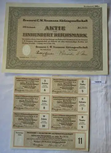 100 Reichsmark Aktie Brauerei C.W. Naumann AG Leipzig 6.Juni 1941 (140578)