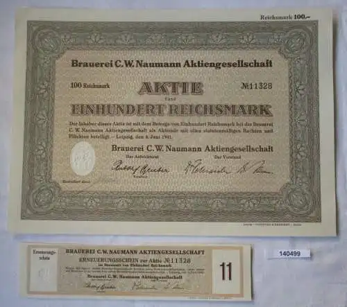 100 Reichsmark Aktie Brauerei C.W. Naumann AG Leipzig 6.Juni 1941 (140499)