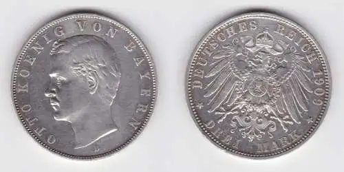3 Mark Silber Münze Bayern König Otto 1909 D ss (152088)