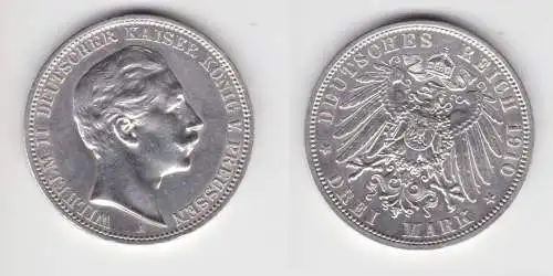 3 Mark Silbermünze Preussen Kaiser Wilhelm II 1910 Jäger 103 ss+ (151726)