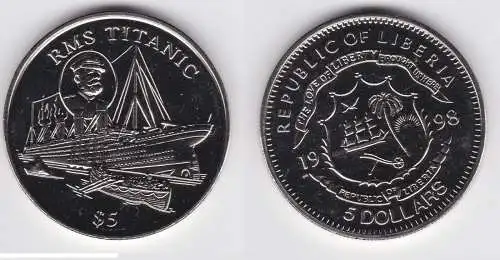 5 Dollar Nickel Münze Liberia 1998 RMS Titanic Stempelglanz (146232)