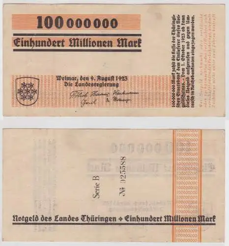 100 Millionen Mark Banknote Landesregierung Weimar 9.8.1923 (145427)