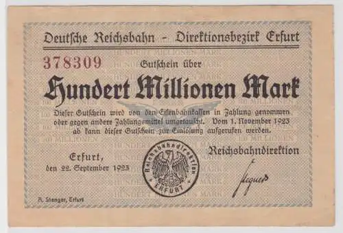 100 Millionen Mark Banknote Reichsbahndirektion Erfurt 22.09.1923 (141627)