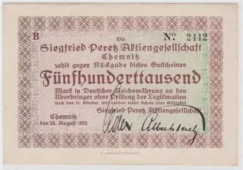 500000 Mark Banknote Inflation Chamnitz Siegfried Peretz AG 24.8.1923 (141964)